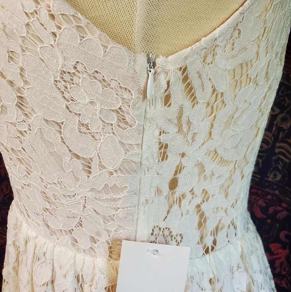 NWT Tobi Off White Lace Sleeveless Deep-V Sheer Back Mini Dress Womens Medium - Picture 7 of 15